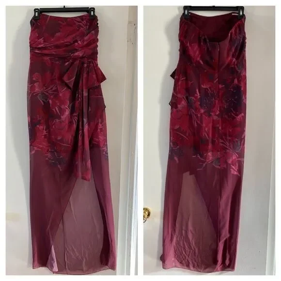 Badgley Mischka Red Floral Strapless Gown Dress - Picture 2 of 8